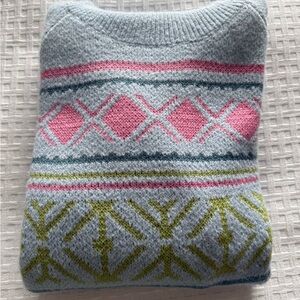 Elegant Light Blue and Pink Patterned Turtleneck Sweater; warm and cozy